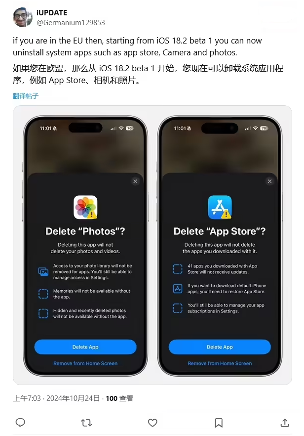 汝城苹果手机维修分享iOS 18.2 支持删除 App Store 应用商店 