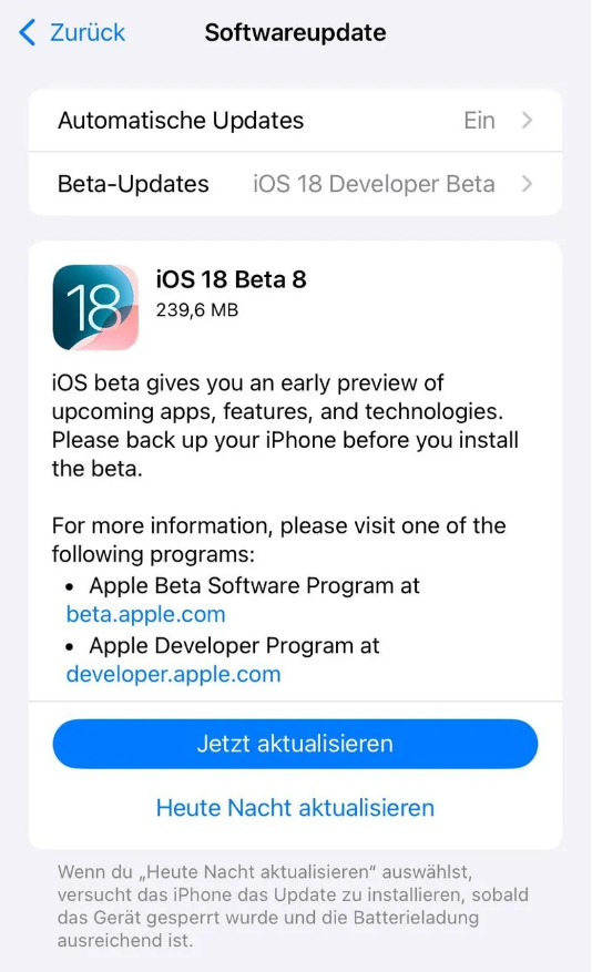 汝城苹果手机维修分享苹果 iOS / iPadOS 18 开发者预览版 Beta 8 发布 